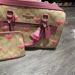 Coach Pink and Tan Heart Print Tote Bag Set